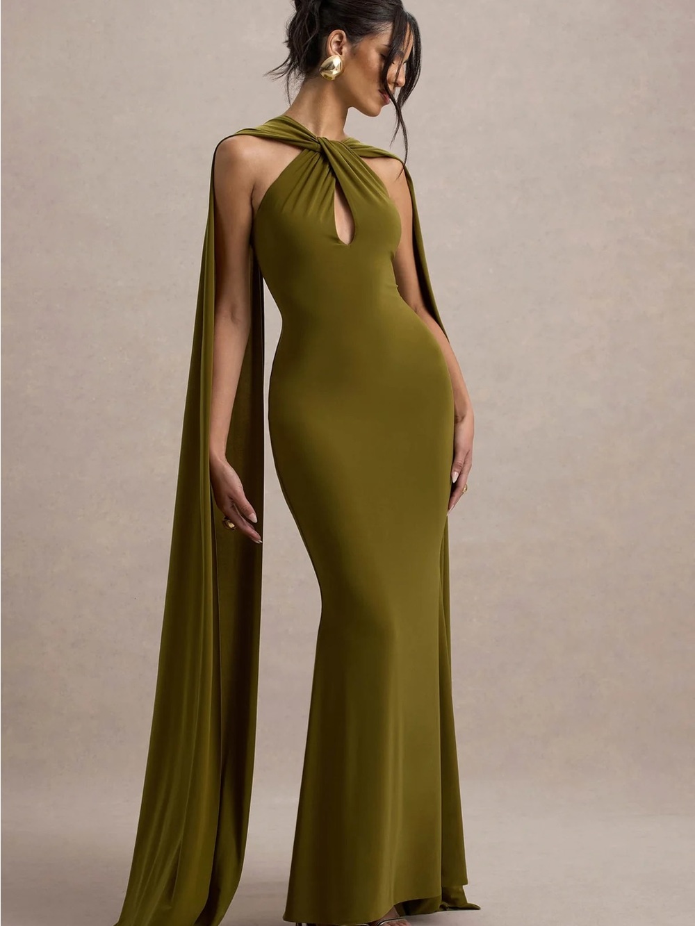 Rhoda Club London Olive Green Twisted Halter Maxi Dress with Draped Cape